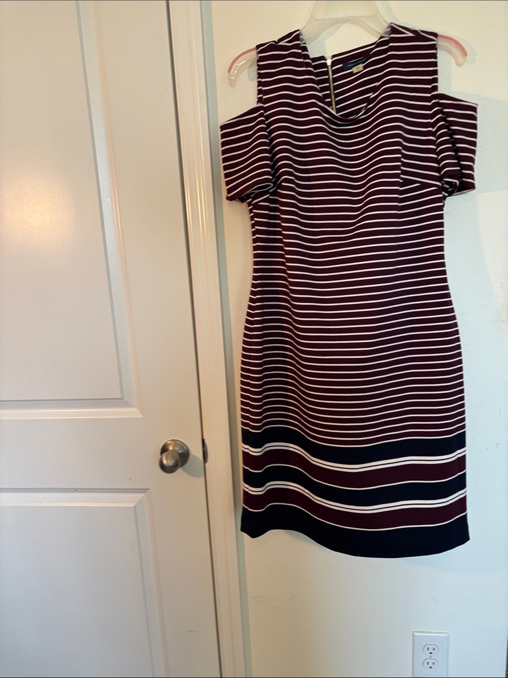 Tommy Hilfiger Burgundy and White Striped Cold-Shoulder Midi Dress
